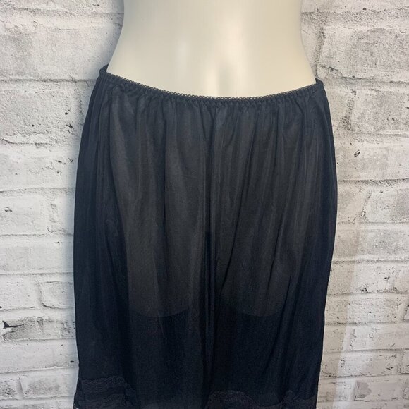 Vintage 90s Pink Lady Black Satin Lace Trim Slip Skirt New - Picture 2 of 11